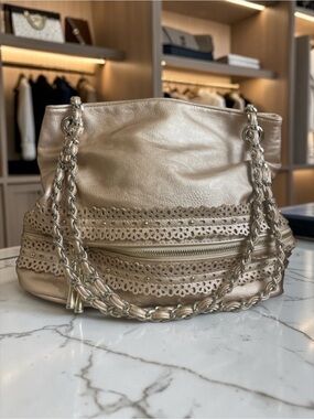 Imoshion Taupe Faux Leather Shoulder Bag w/Chain Strap & Laser Cut Detail